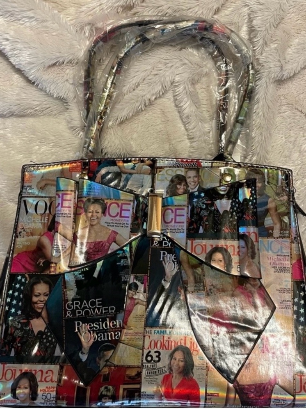 Magazine Collage Print Purse of Obama’s with Decorative Bow - Multicolor